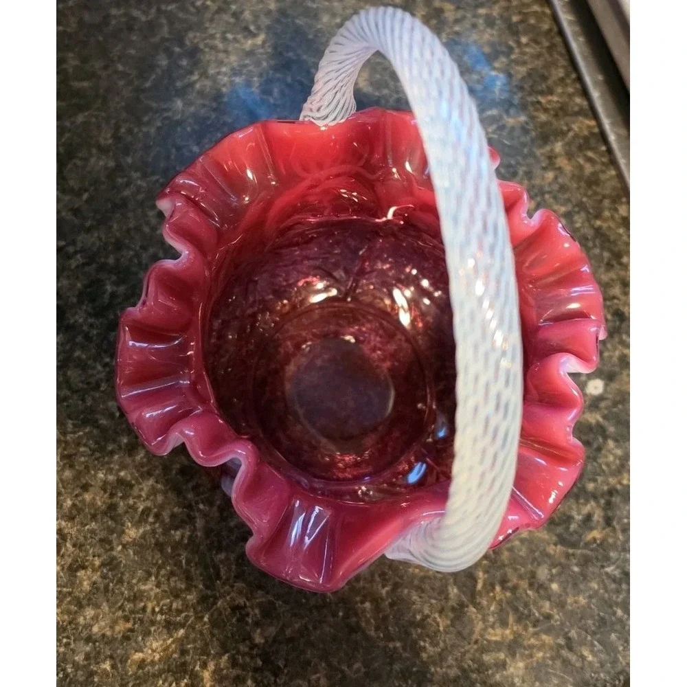 Fenton Embossed Cranberry Opalescent Victorian Language Of Flowers Poppy Basket